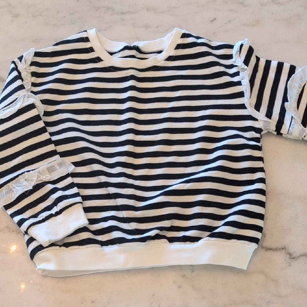 Girls Striped Black and White Ruffle Sleeve Top